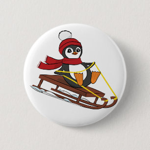 Schneeschuhlaufen Pinguin Niedliche Tiere Winter Button
