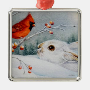 Schneeschuhrabbit und Roter Kardinal Bird - Farbe  Ornament Aus Metall
