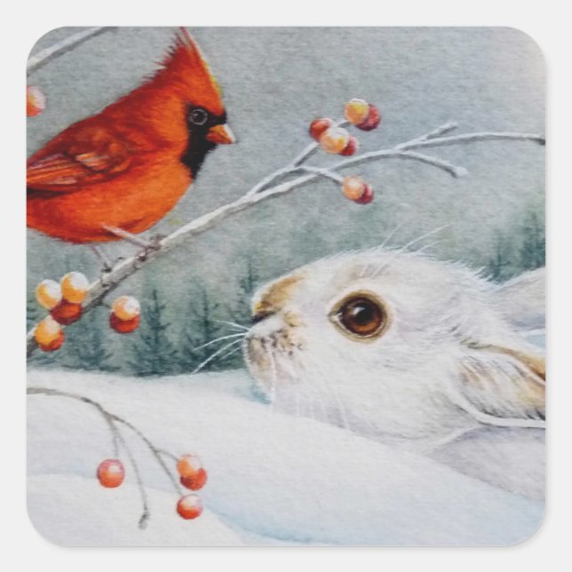 Schneeschuhrabbit und Roter Kardinal Bird - Farbe  Quadratischer Aufkleber (Vorderseite)