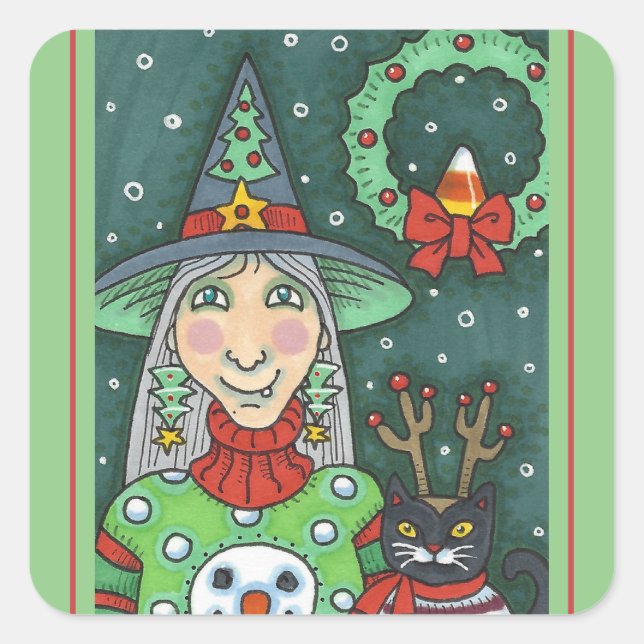 SCHNEESCHWÄTER, SCHWARZE CAT XMAS HALLOWEG QUADRATISCHER AUFKLEBER (Vorderseite)