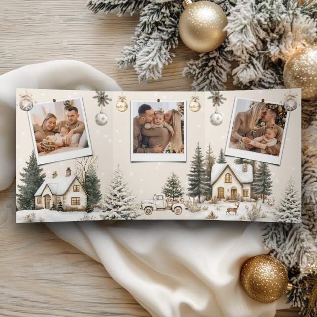 Schneesichere Hütten Winterdorf 4 Foto Weihnachten Dreifach Gefaltete Urlaubskarte (Inside)