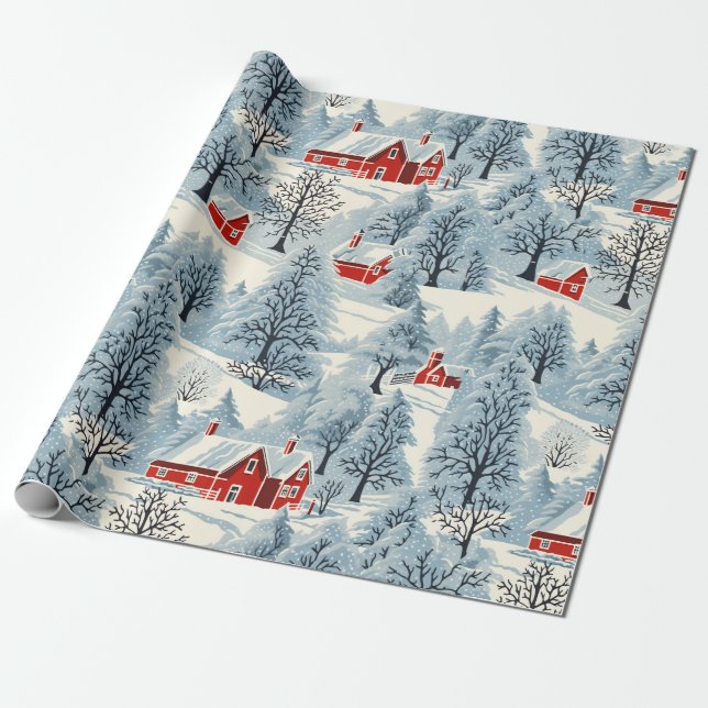 Schneesichere Vintage Landschaft Geschenkpapier (Ungerollt)