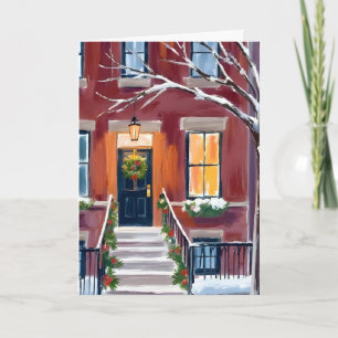 Schneestadt Treppe Weihnachten Winter Aquarell Karte