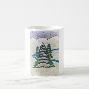Schneeszene Fluss, Evergreens, Berge, Sterne Tasse