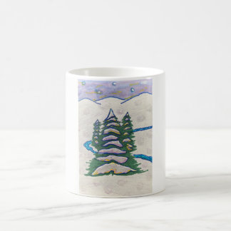 Schneeszene Fluss, Evergreens, Berge, Sterne Tasse