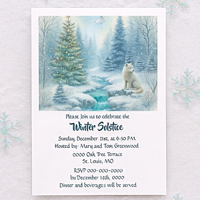 Schneeszene mit Fuchs-Wintersonnenwende-Abendessen Einladung (Winter Solstice invitation with forest wolf, lantern glow, celestial accents and seasonal gatherings)