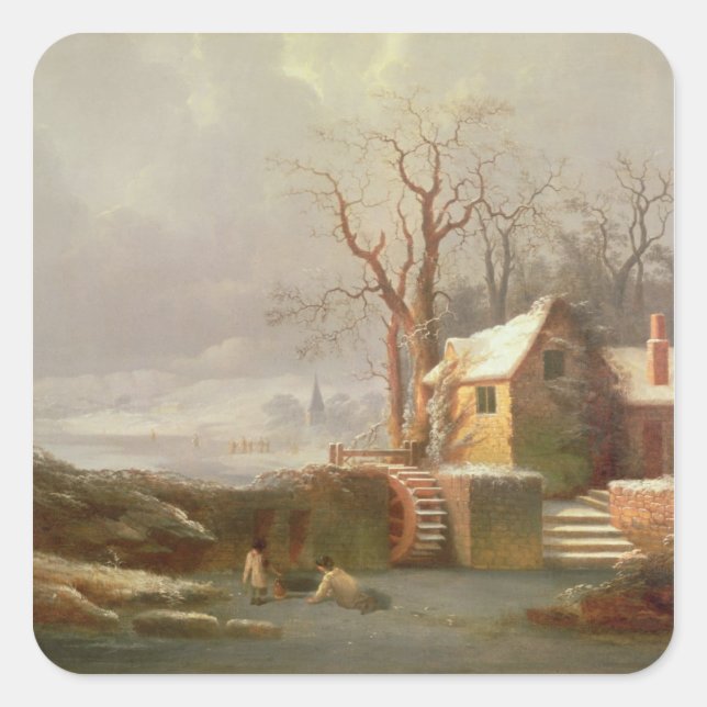 Schneeszene mit Mill und Hütten Quadratischer Aufkleber (Vorderseite)