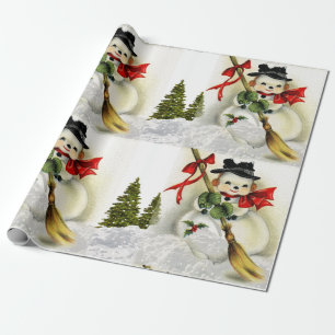 Schneeszene mit Vintagem Schneemann Geschenkpapier
