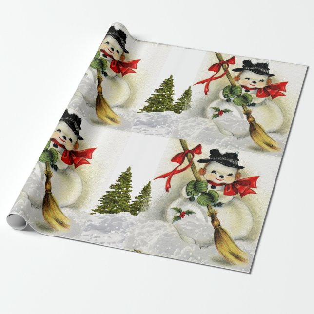 Schneeszene mit Vintagem Schneemann Geschenkpapier (Ungerollt)