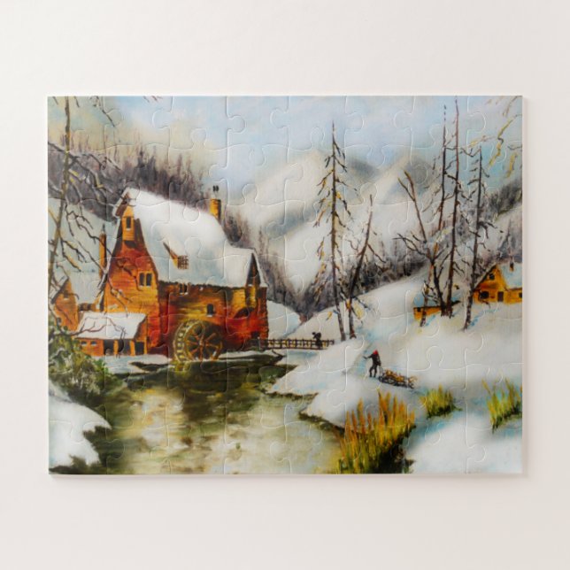 Schneeszene mit Wasserrad Puzzle (Horizontal)