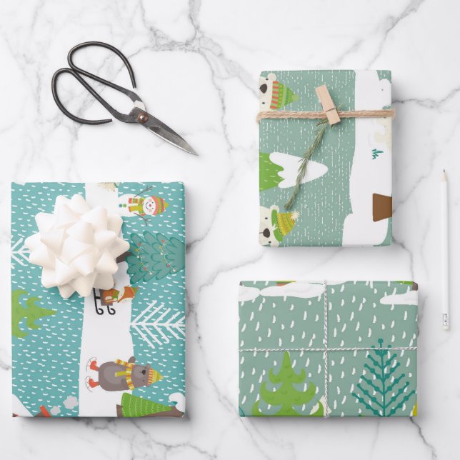 Schneeszenen Weihnachtsbaumen Weihnachtsmuster Geschenkpapier Set (Vorderseite)