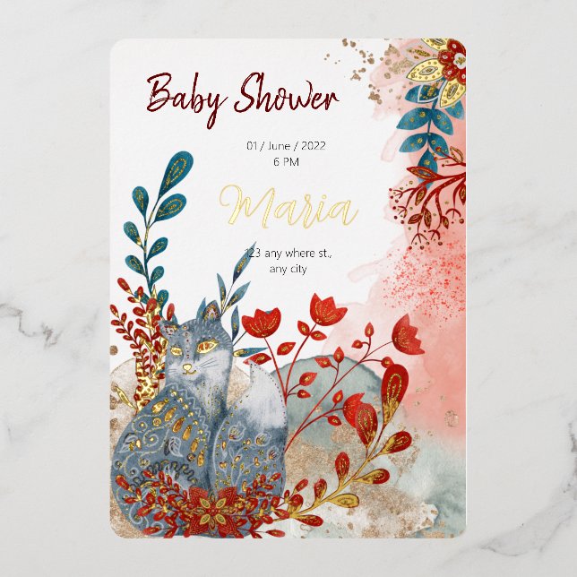 Schneetiere Füchse Blume für Babydusche Goldfolie Folieneinladung (Vorderseite)