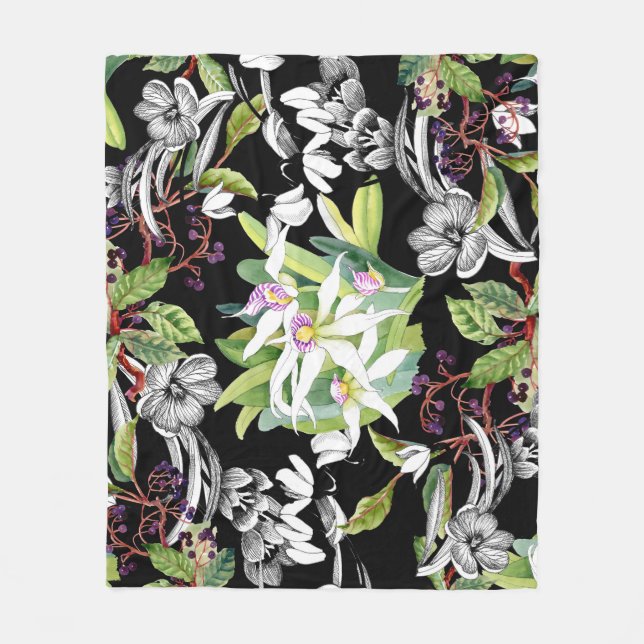 Schneeverfahren & Orchideen: Schwarzes Muster Fleecedecke (Vorderseite)