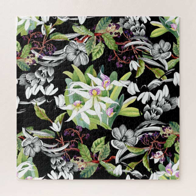 Schneeverfahren & Orchideen: Schwarzes Muster Puzzle (Vertikal)