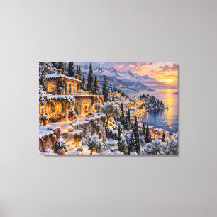 Schneevilla am Seeufer Sonnenuntergang Ölmalerei L Leinwanddruck
