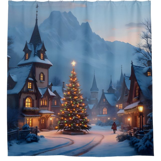 Schneevoller Abend auf dem Platz -  Duschvorhang (Vorderseite)