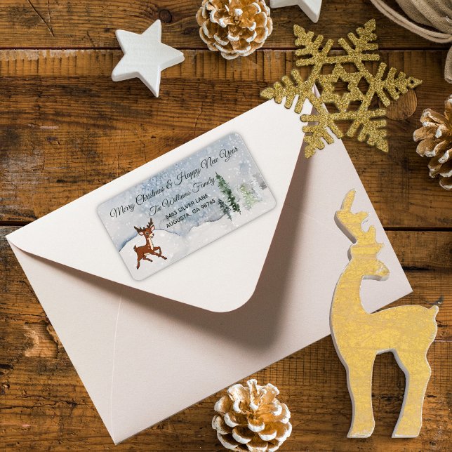 Schneewald mit einem Hirsch Weihnachten Adressaufkleber (Von Creator hochgeladen)