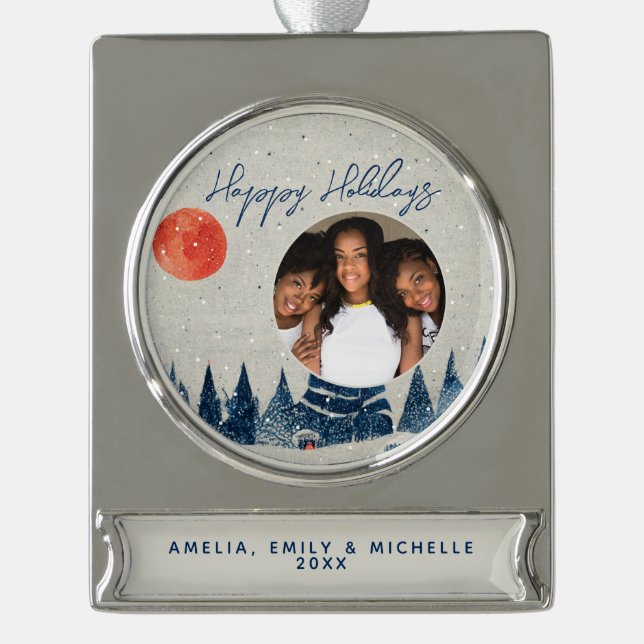 Schneewald Schneeflocken Foto Banner-Ornament Silber (Vorderseite)