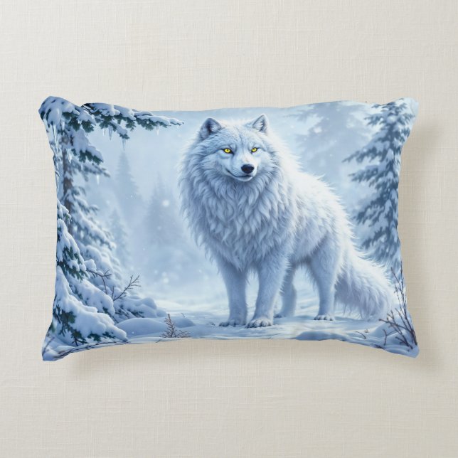 Schneewald Weißwolf Eiskunstdekor Dekokissen (Vorderseite)