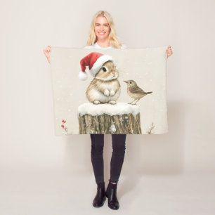 Schneewald-Winter-Wald-Weihnachts-Hase-Vogel  Fleecedecke