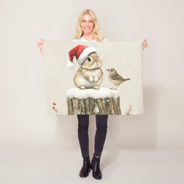 Schneewald-Winter-Wald-Weihnachts-Hase-Vogel  Fleecedecke (Beispiel)