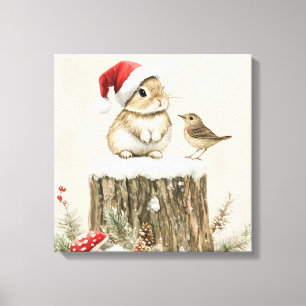Schneewald-Winter-Wald-Weihnachts-Hase-Vogel Leinwanddruck
