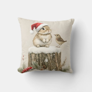 Schneewald Winterwald Weihnachts Hase Vogel Kissen