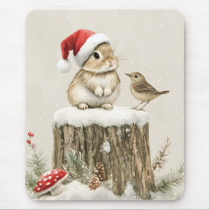 Schneewald Winterwald Weihnachts Hase Vogel Mousepad