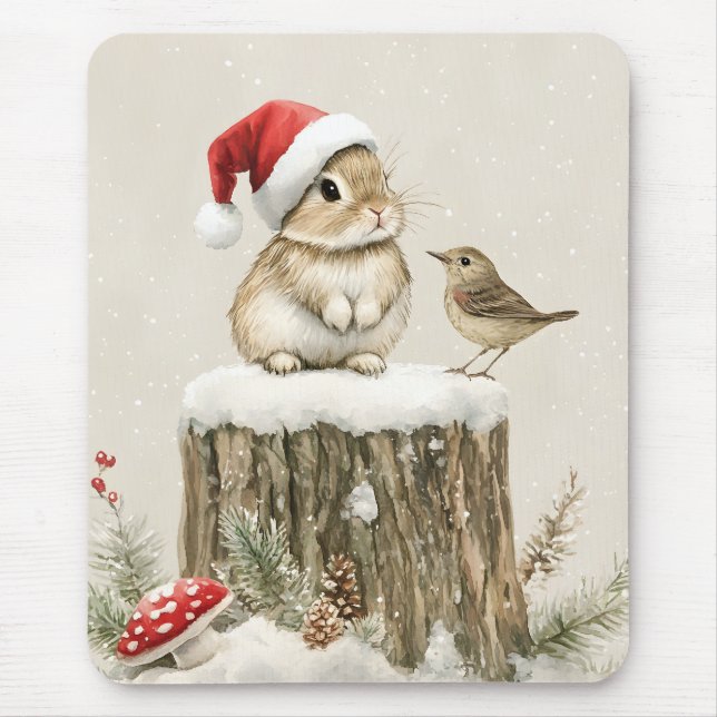 Schneewald Winterwald Weihnachts Hase Vogel  Mousepad (Vorne)