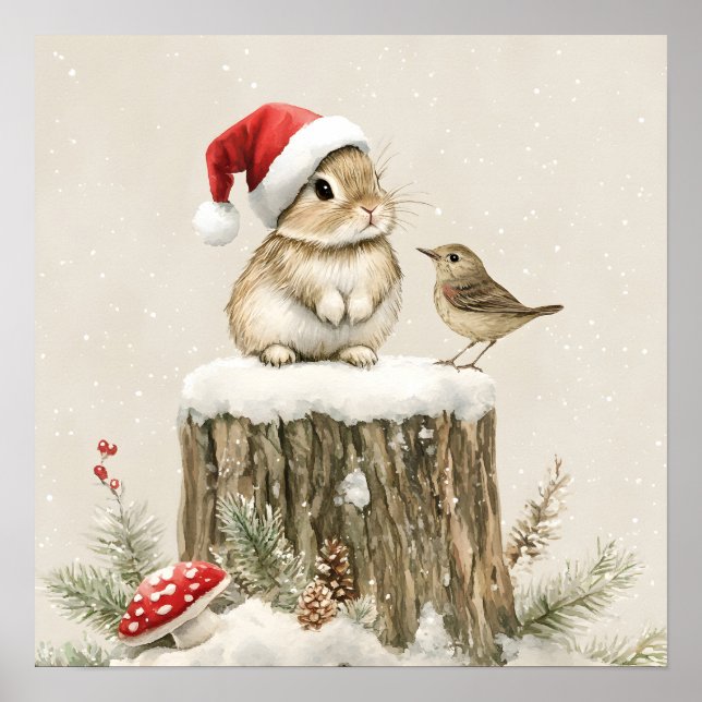 Schneewald Winterwald Weihnachtsbaum Bunny Bird Poster (Vorne)