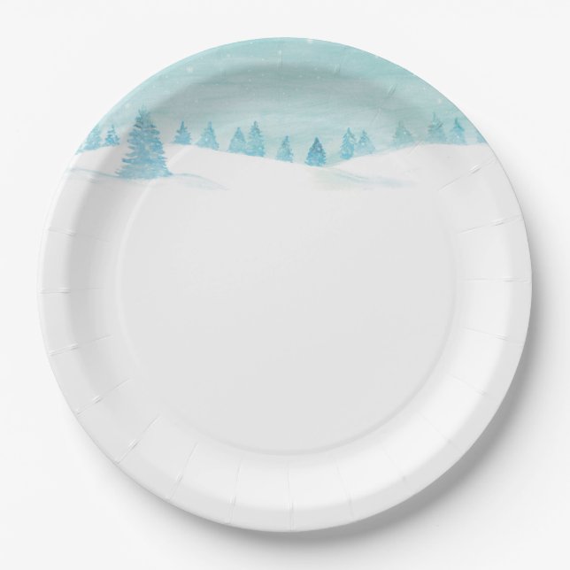 Schneewaldlandschaft mit Bäumen Pappteller (Vorderseite)