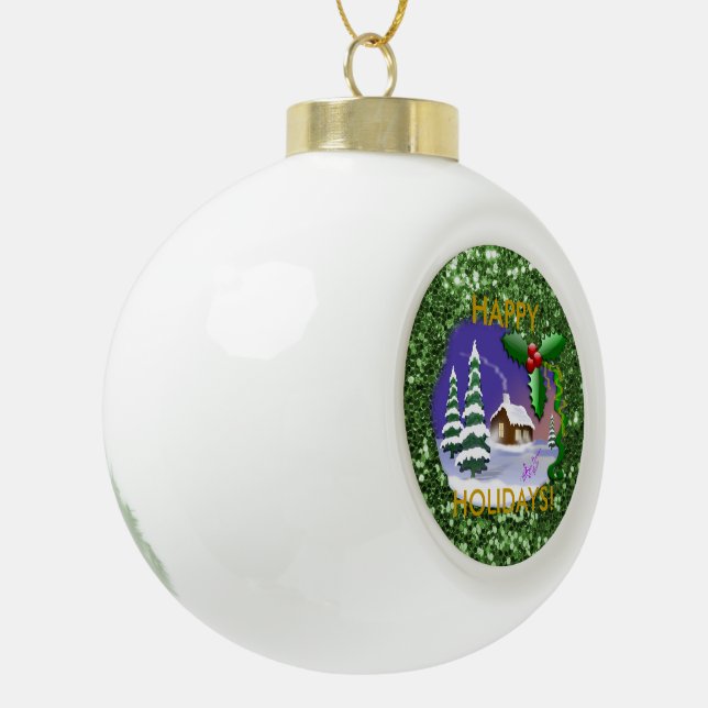 Schneeweihnachtliche Hütte Keramik Kugel-Ornament (Links)