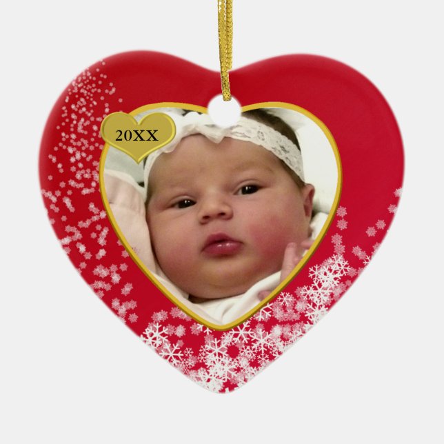 Schneeweihnachtliches Red Baby's Heart Foto Keramikornament (Vorne)