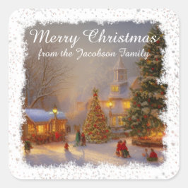 Schneeweihnachtsbäume im Dorfplatz Quadratischer Aufkleber
