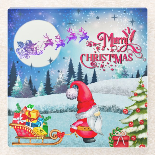 Schneeweihnachtsgnome und die Schlittengeschenke d Glasuntersetzer (Vorderseite)
