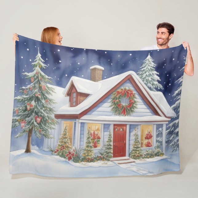 Schneeweihnachtshaus Wintermalerei Wasserfarbe Fleecedecke (Beispiel)