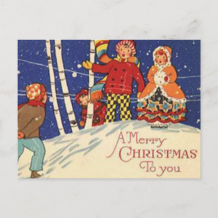 Schneeweihnachtszene Kinder spielen im Schnee Feiertagspostkarte