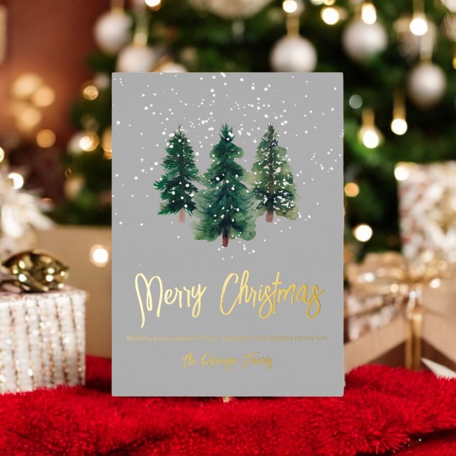 Schneeweiße, grüne Aquarellbäume Folien Feiertagskarte (Snow elegant green watercolor christmas trees Foil Holiday Card)