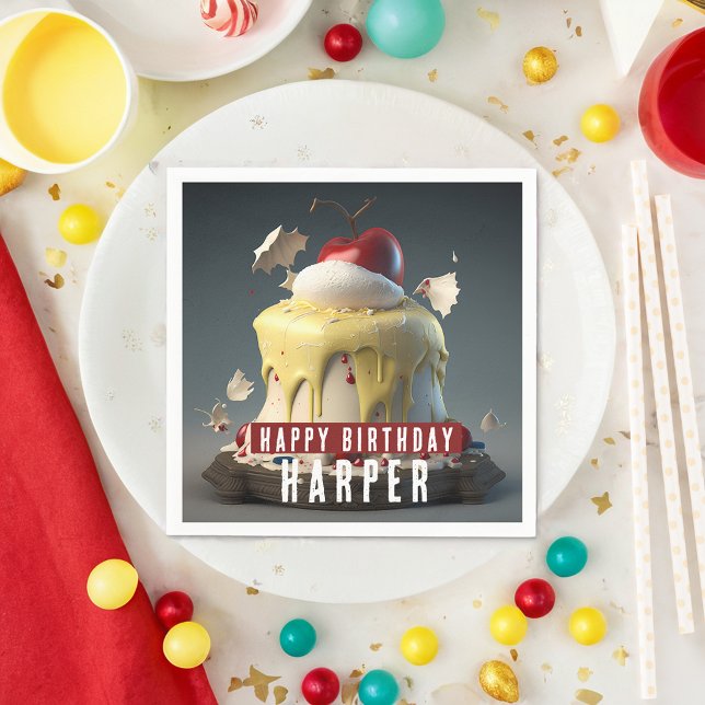 Schneeweißes, thematisches Geburtstagskuchen - ind Serviette (Von Creator hochgeladen)