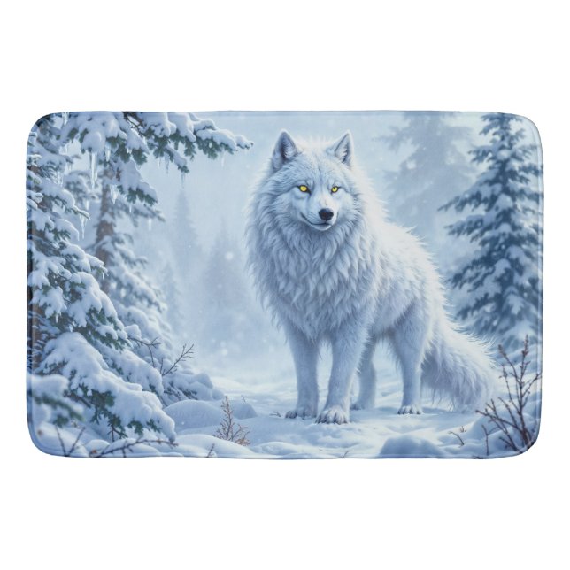 Schneewildwolf-gelbe Neonaugen Dekoration Badematte (Vorderseite)