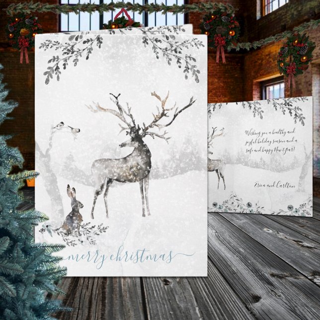 Schneewinterwaldstätte und Freunde Feiertagskarte (Snowy Winter Woodland Reindeer And Friends Holiday Card)