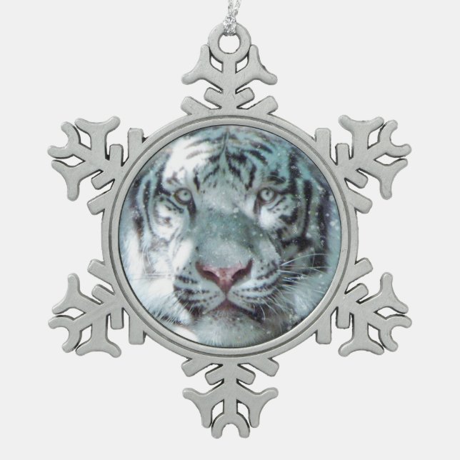 Schneewittchen-Tiger Schneeflocken Zinn-Ornament (Vorderseite)