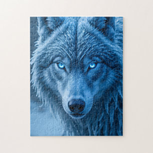 Schneewolf leuchtende blaue Augen starren Puzzle