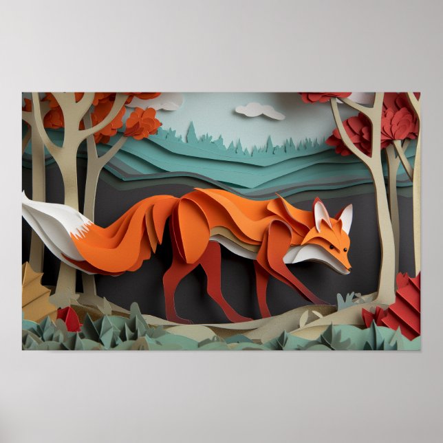 Schneiden Sie Papierfuchs unter Bäumen Poster (Vorne)