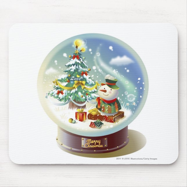 Schnekugel mit Schneemann und Weihnachtsbaum Mousepad (Vorne)