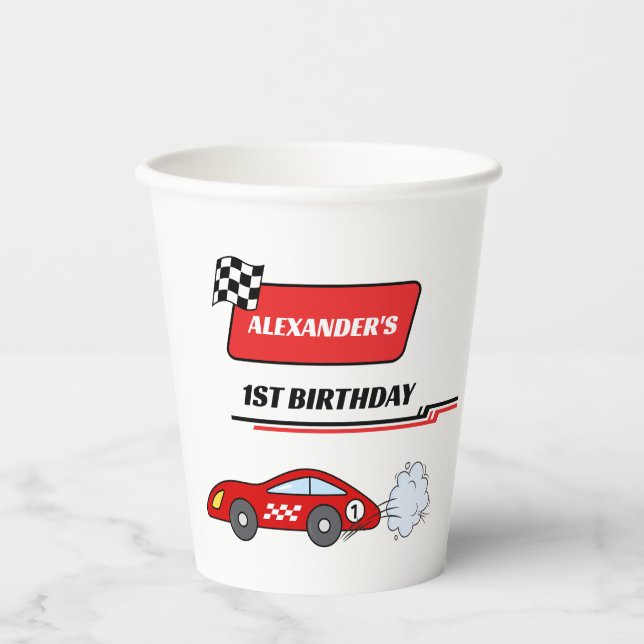 Schnell ein roter Rennwagen Junge 1. Geburtstag Pappbecher (Vorderseite)