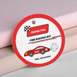 Schnell ein roter Retro-Rennwagen zum Thema Geburt Geschenkanhänger