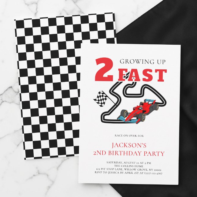 Schnell wachsender roter Auto-Junge, 2. Geburtstag Einladung (Growing Up Two Fast Red Car Boy 2nd Birthday Party Invitation)