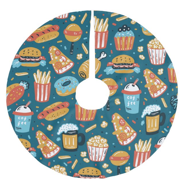 Schnelle Lebensmittelsymbole: Vintage Doodles Polyester Weihnachtsbaumdecke (Vorderseite)