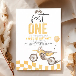Schneller Eins Gelbes Dirt Bike Boy 1. Geburtstag Einladung